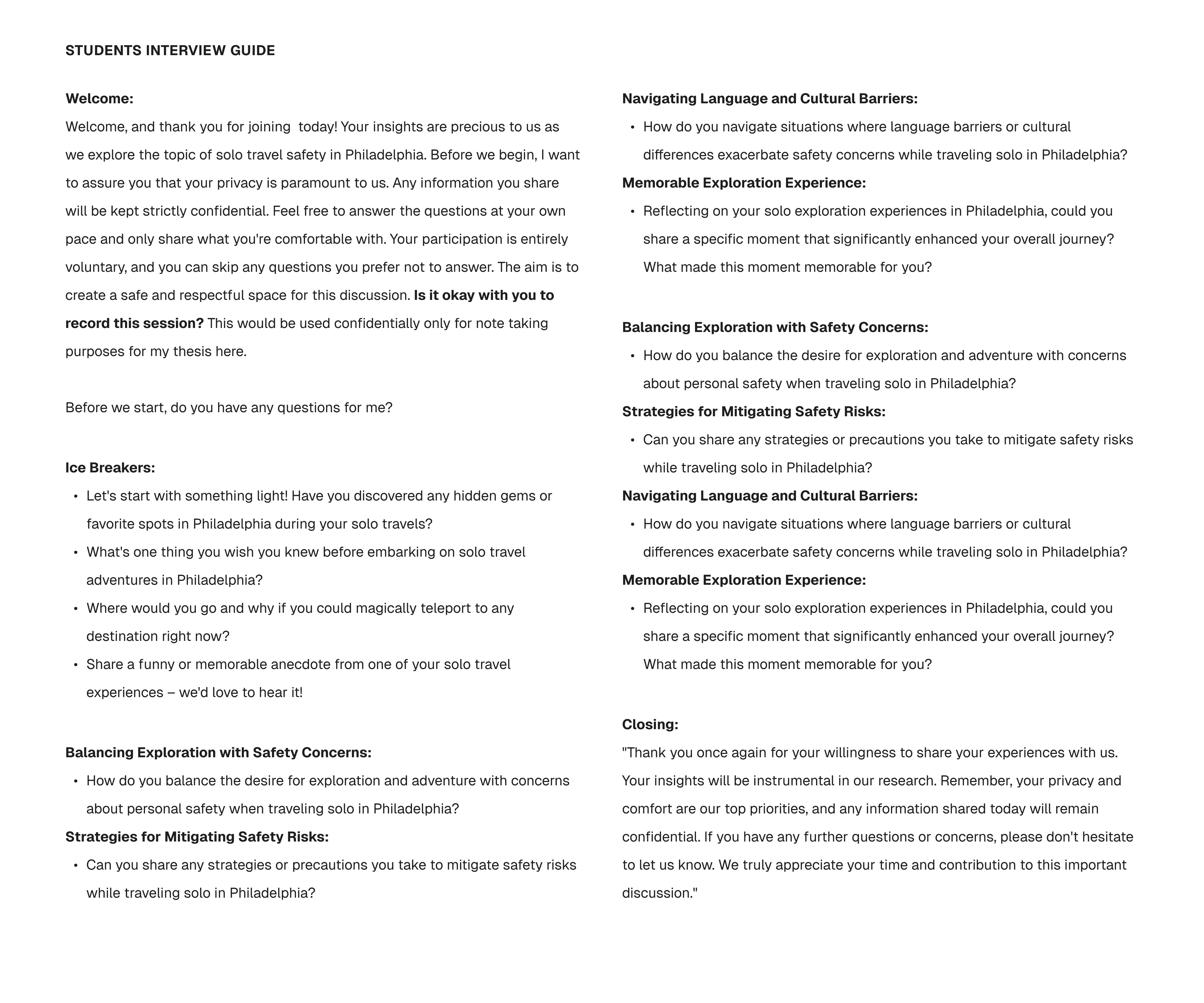 Interview guide — discussion guide used for student interviews
